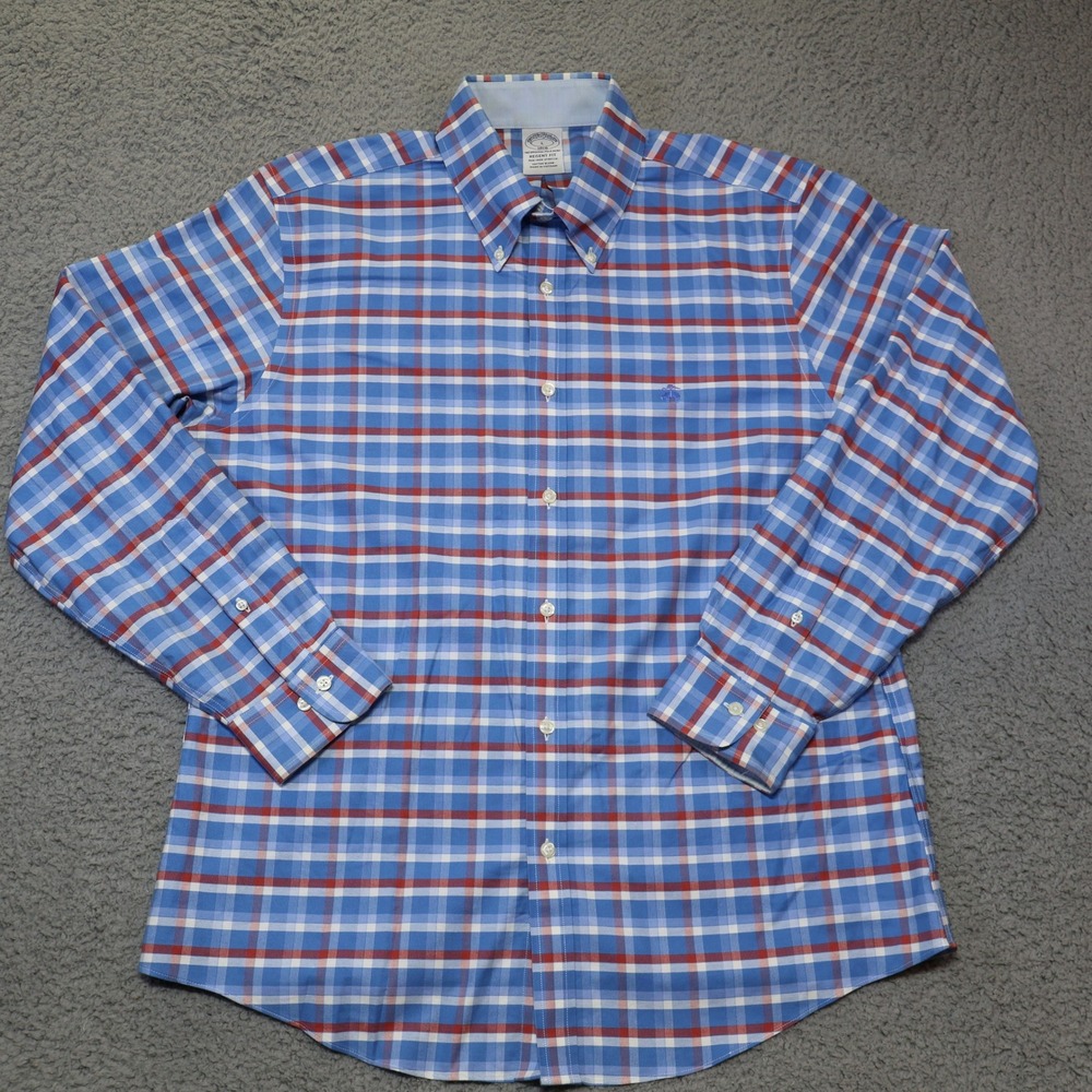 Brooks Brothers 1818 Regent Fit‎ Plaid Shirt Blue Red White Non-Iron Mens Large